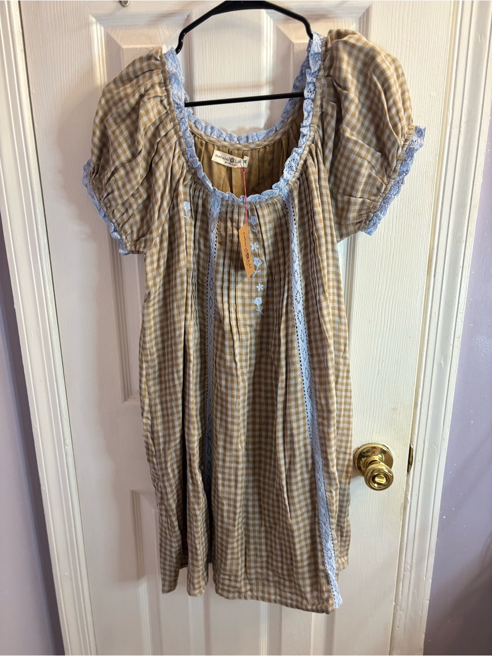 NATURAL LIFE Tan Gingham Dress with Light Blue Lace Trim